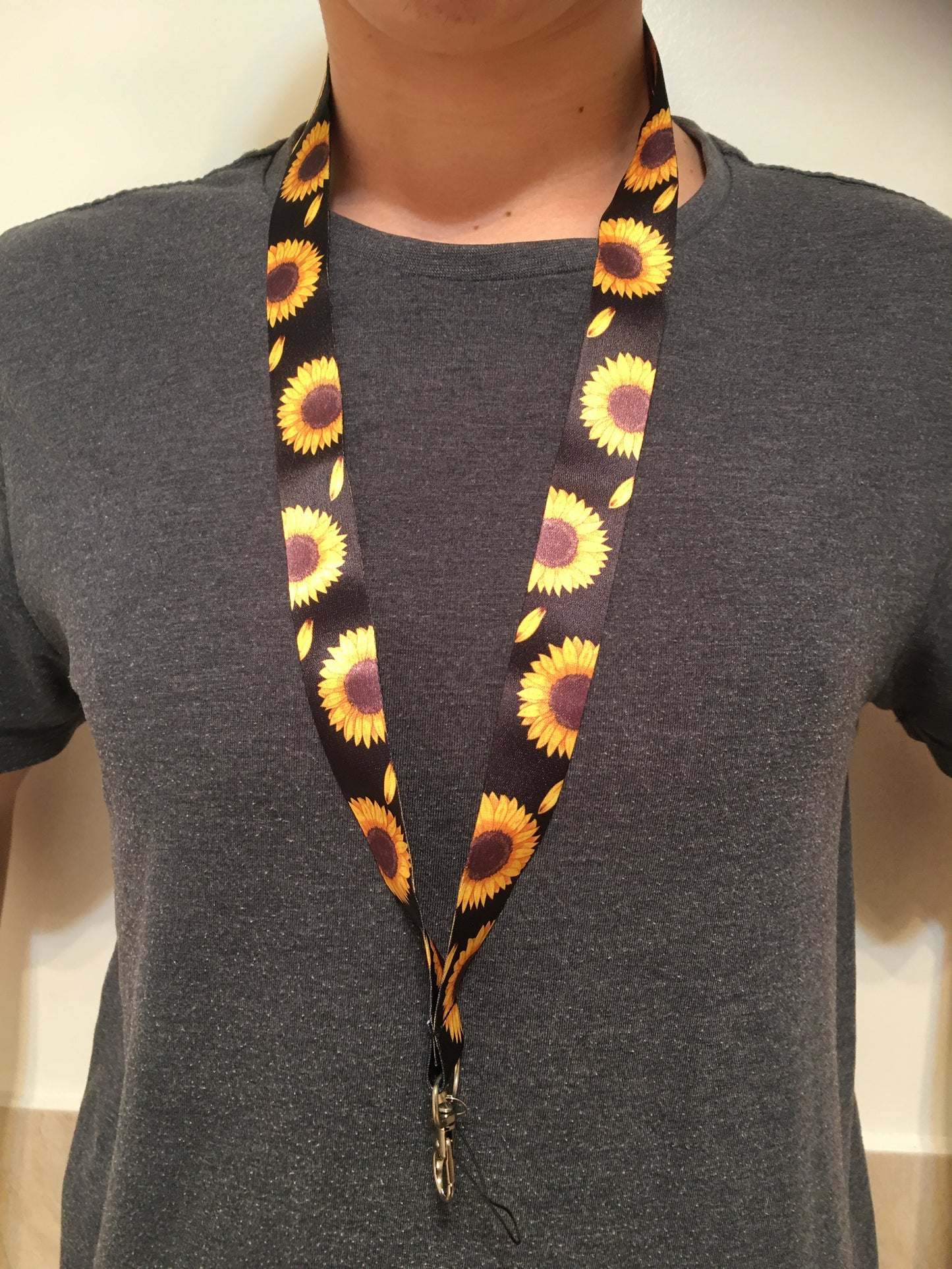 SUNFLOWER LANYARD, 50cm NECK STRAP, KEY CHAIN ID CARD CELL PHONE - BLACK